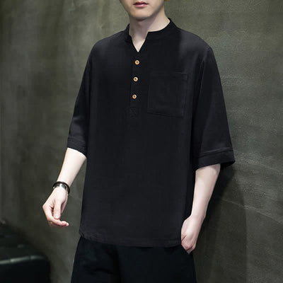 Buddha Stones Summer Casual Tang Style Mandarin Collar Solid Men's Short Sleeve Shirts With Patch Pocket - image 11