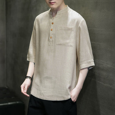 Buddha Stones Summer Casual Tang Style Mandarin Collar Solid Men's Short Sleeve Shirts With Patch Pocket - image 18