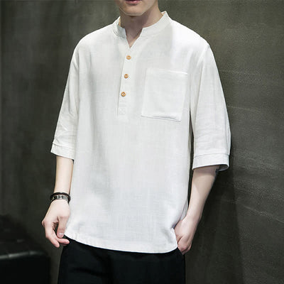 Buddha Stones Summer Casual Tang Style Mandarin Collar Solid Men's Short Sleeve Shirts With Patch Pocket - image 5