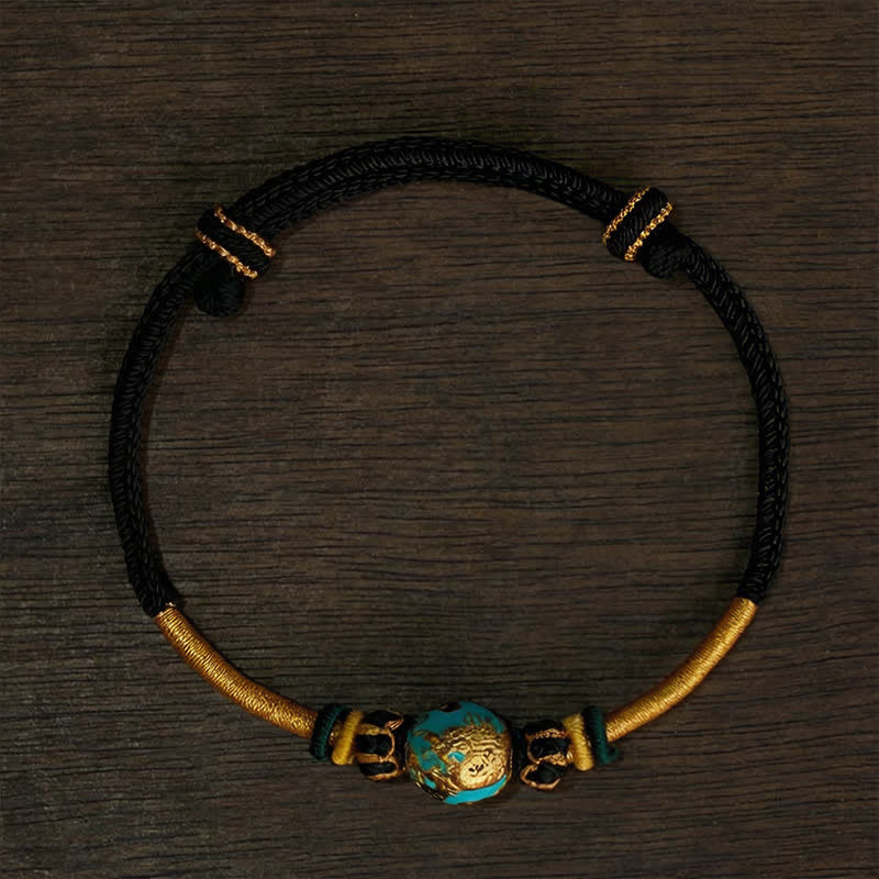 Buddha Stones Copper Dragon Bead Red String Strength Braided Bracelet - Black String (Wrist Circumference: 15–20 cm) - Blue Dragon Bead - image 19
