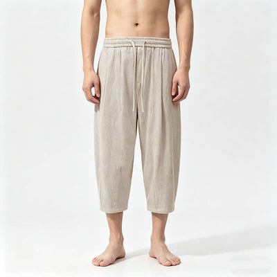 Buddha Stones Summer Casual Drawstring Solid Cotton Capri Pants Men's Harem Pants With Pockets - Beige - US/UK/AU46，EU56 (5XL) - image 3