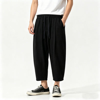 Buddha Stones Summer Casual Drawstring Solid Cotton Capri Pants Men's Harem Pants With Pockets - Black - US/UK/AU46，EU56 (5XL) - image 1