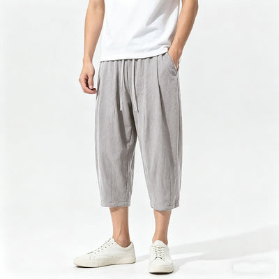 Buddha Stones Summer Casual Drawstring Solid Cotton Capri Pants Men's Harem Pants With Pockets - Silver - US/UK/AU46，EU56 (5XL) - image 0