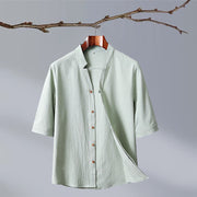 Foviel Summer Tang Style Mandarin Collar Button-Up Solid Cotton Men's Short Sleeve Shirts