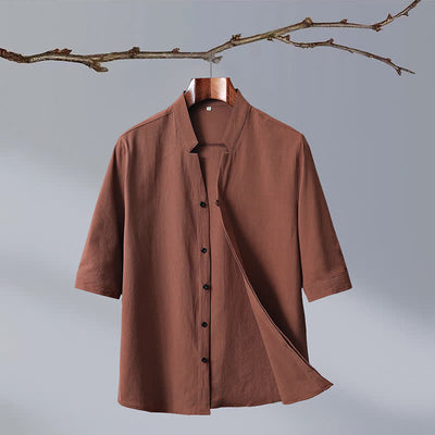 Buddha Stones Summer Tang Style Mandarin Collar Button-Up Solid Cotton Men's Short Sleeve Shirts - Peru - US/UK/AU50, EU60 (7XL) - image 0
