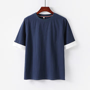 Foviel Summer Casual Minimalist Button-Up Solid Crew Neck Cotton Men's Short Sleeve T-Shirts