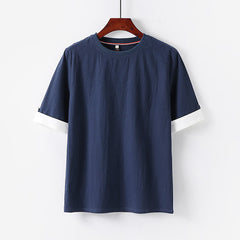 Buddha Stones Summer Casual Minimalist Button-Up Solid Crew Neck Cotton Men's Short Sleeve T-Shirts - MidnightBlue - US/UK/AU48, EU58 (6XL) - image 0
