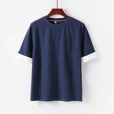 Buddha Stones Summer Casual Minimalist Button-Up Solid Crew Neck Cotton Men's Short Sleeve T-Shirts - MidnightBlue - US/UK/AU48, EU58 (6XL) - image 0