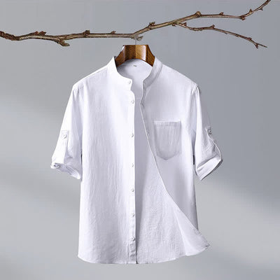 Buddha Stones Summer Tang Style Casual Mandarin Collar Solid Cotton Men's Short Sleeve Shirts With Patch Pocket - White - US/UK/AU46, EU56 (5XL) - image 12