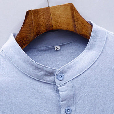 Buddha Stones Summer Tang Style Casual Mandarin Collar Solid Cotton Men's Short Sleeve Shirts With Patch Pocket - image 5