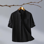 Foviel Summer Tang Style Casual Mandarin Collar Solid Cotton Men's Short Sleeve Shirts With Patch Pocket