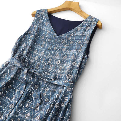 Buddha Stones Summer Boho Drawstring Blue Geometric Women's Summer Sleeveless Dress With Pockets - image 2