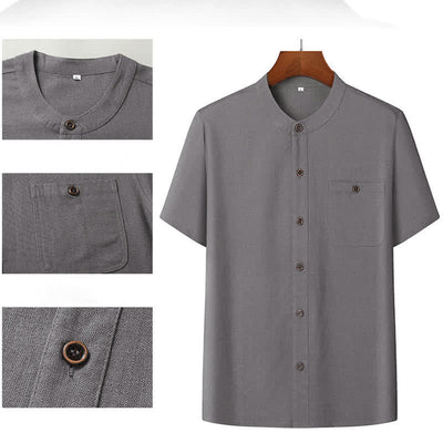 Buddha Stones Summer Casual Mandarin Collar Solid Short Sleeve Shirt Drawstring Pants Men's Matching Sets With Pockets - image 5