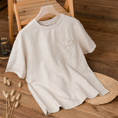 Buddha Stones Summer Casual Minimalist Solid Men's Short Sleeve T-Shirts With Patch Pocket - Linen - US/UK/AU42，EU52 (3XL) - image 0