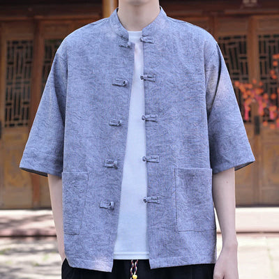 Buddha Stones Summer Tang Style Mandarin Collar Frog Button Solid Men's Short Sleeve Shirts With Pocket - image 15