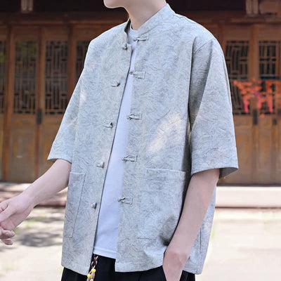 Buddha Stones Summer Tang Style Mandarin Collar Frog Button Solid Men's Short Sleeve Shirts With Pocket - image 4