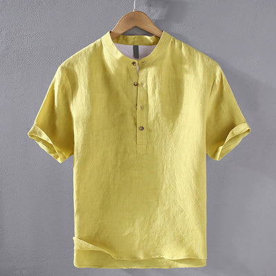 Buddha Stones Summer Tang Style Casual Mandarin Collar Solid Linen Men's Short Sleeve Shirts - Yellow - US/UK/AU42，EU52 (3XL) - image 13