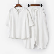 Foviel 2Pcs Spring Summer Casual Tang Style Drawstring Solid Shirt Cropped Pants Men's Meditation Cloth With Pocket
