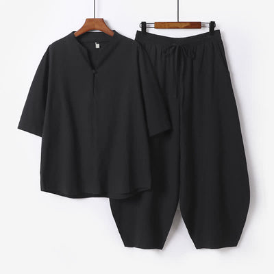 Buddha Stones 2Pcs Spring Summer Casual Tang Style Drawstring Solid Shirt Cropped Pants Men's Meditation Cloth With Pocket - Black - US/UK/AU54，EU64 (9XL) - image 3