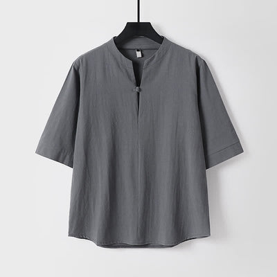 Buddha Stones 2Pcs Spring Summer Casual Tang Style Drawstring Solid Shirt Cropped Pants Men's Meditation Cloth With Pocket - image 1