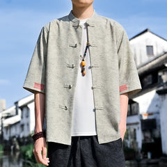 Buddha Stones Summer Tang Style Mandarin Collar Frog Button Solid Men's Short Sleeve Shirts - Beige - US/UK/AU46，EU56 (5XL) - image 0