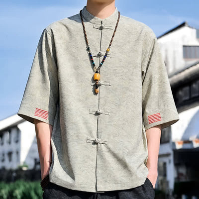 Buddha Stones Summer Tang Style Mandarin Collar Frog Button Solid Men's Short Sleeve Shirts - image 1