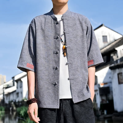 Buddha Stones Summer Tang Style Mandarin Collar Frog Button Solid Men's Short Sleeve Shirts - image 13