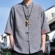Foviel Summer Tang Style Mandarin Collar Frog Button Solid Men's Short Sleeve Shirts
