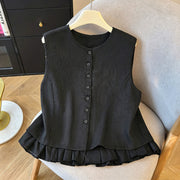 Foviel Summer Elegant Button-Up Solid Crew Neck Tank Top Women's Sleeveless Shirts