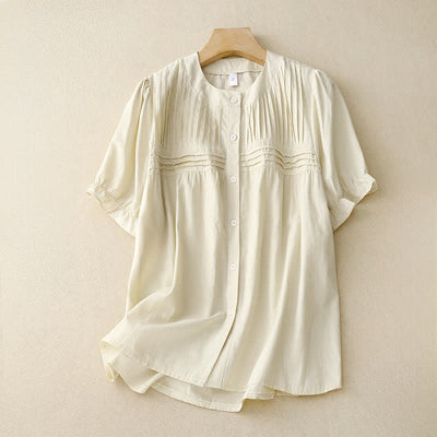 Buddha Stones Summer Casual Vintage Button-up Solid Pintuck Pleats Design Women's Short Sleeve Shirts - Linen - US8-10, UK/AU12-14, EU40-42 (2XL) - image 6