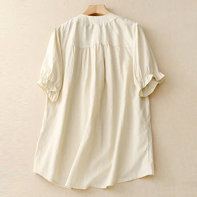 Buddha Stones Summer Casual Vintage Button-up Solid Pintuck Pleats Design Women's Short Sleeve Shirts - image 7