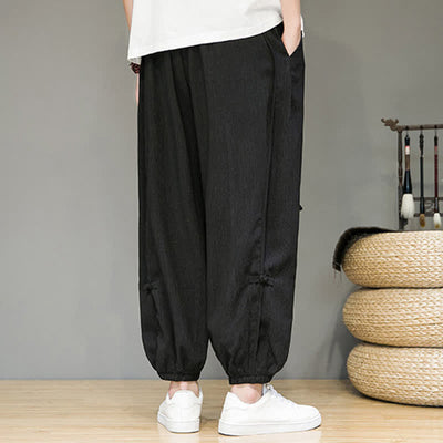 Buddha Stones Summer Casual Minimalist Drawstring Solid Cropped Pants Men's Harem Pants With Pocket - image 4