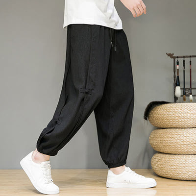 Buddha Stones Summer Casual Minimalist Drawstring Solid Cropped Pants Men's Harem Pants With Pocket - image 2