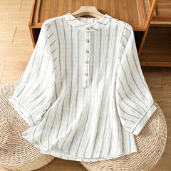 Buddha Stones Summer Casual Minimalist Button-Up Striped Women's Short Sleeve Shirts - White - US8-10, UK/AU12-14, EU40-42 (2XL) - image 0