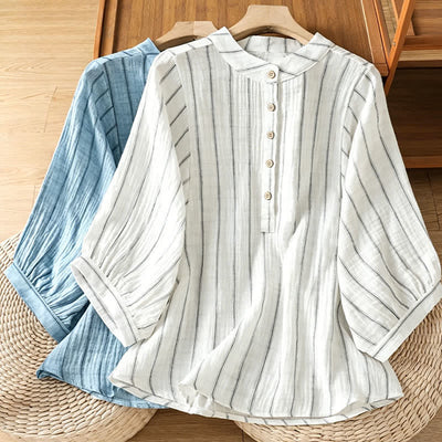 Buddha Stones Summer Casual Minimalist Button-Up Striped Women's Short Sleeve Shirts - image 17