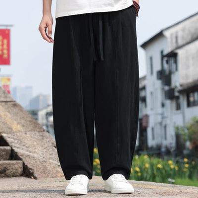 Buddha Stones Summer Casual Minimalist Drawstring Solid Cotton Long Pants Men's Harem Pants With Pocket - image 14