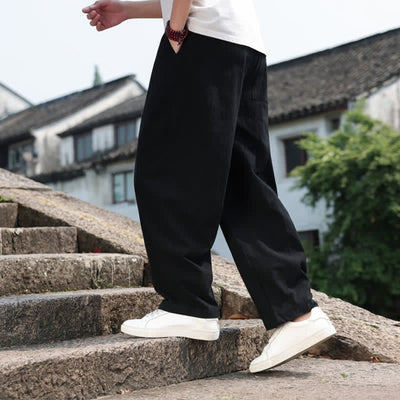 Buddha Stones Summer Casual Minimalist Drawstring Solid Cotton Long Pants Men's Harem Pants With Pocket - image 17