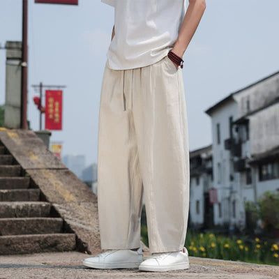 Buddha Stones Summer Casual Minimalist Drawstring Solid Cotton Long Pants Men's Harem Pants With Pocket - image 34