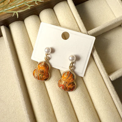 Buddha Stones Song Brocade Pearl Gourd Healing Handmade Stud Dangle Earrings - Orange(Same Color Tone – Pattern Varies) - image 7