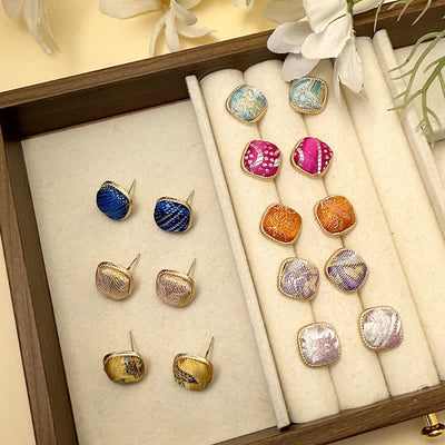 Buddha Stones Handmade Song Brocade Protection Geometric Square Stud Earrings - image 0