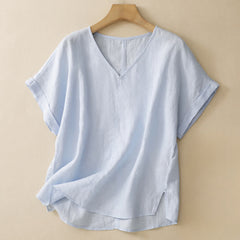 Buddha Stones Summer Casual Minimalist Side Slit Solid V-Neck Women's Short Sleeve T-Shirts - PowderBlue - US8-10, UK/AU12-14, EU40-42 (2XL) - image 0