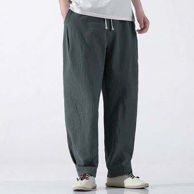 Buddha Stones Summer Casual Minimalist Drawstring Solid Cotton Cropped Pants Men's Harem Pants With Pocket - image 5