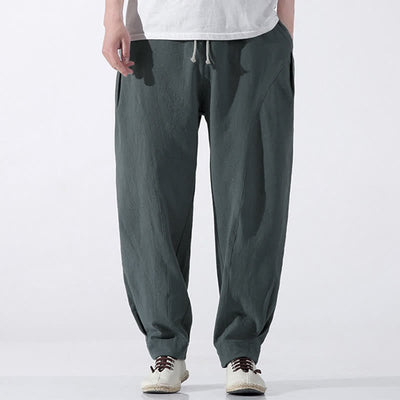 Buddha Stones Summer Casual Minimalist Drawstring Solid Cotton Cropped Pants Men's Harem Pants With Pocket - image 2