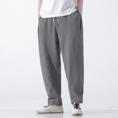 Buddha Stones Summer Casual Minimalist Drawstring Solid Cotton Cropped Pants Men's Harem Pants With Pocket - image 21
