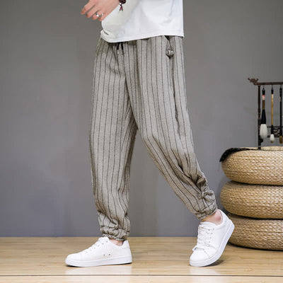 Buddha Stones Summer Casual Drawstring Striped Cropped Pants Men's Harem Pants With Pockets - Beige - US/UK/AU46, EU56 (5XL) - image 20