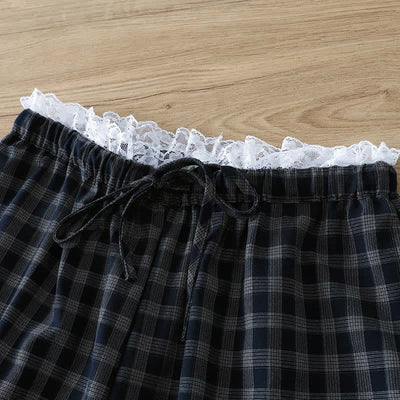 Buddha Stones Summer Casual Vintage Drawstring Plaid Lace Trim Cotton Long Pants Women's Wide Leg Pants With Pockets - image 2