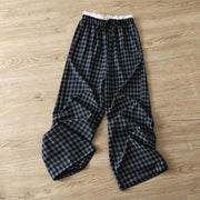 Foviel Sommer Casual Vintage Tunnelzug Plaid Schnürsenkel Trim Baumwolle Lange Hose Damen weites Bein Hose mit Taschen