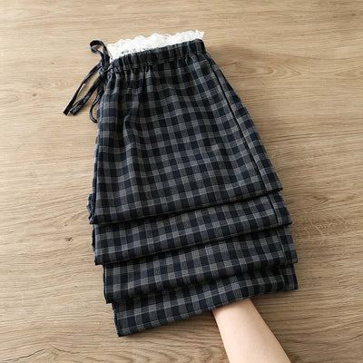 Buddha Stones Summer Casual Vintage Drawstring Plaid Lace Trim Cotton Long Pants Women's Wide Leg Pants With Pockets - image 1