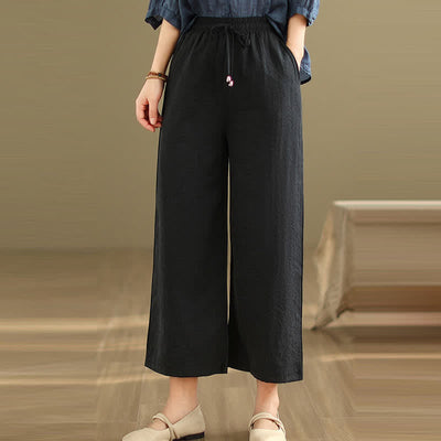 Buddha Stones Summer Casual Minimalist Drawstring Solid Cotton Cropped Pants Women's Wide Leg Pants With Pocket - Black - US8-10, UK/AU12-14, EU40-42 (2XL) - image 7