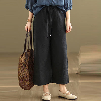 Buddha Stones Summer Casual Minimalist Drawstring Solid Cotton Cropped Pants Women's Wide Leg Pants With Pocket - image 12